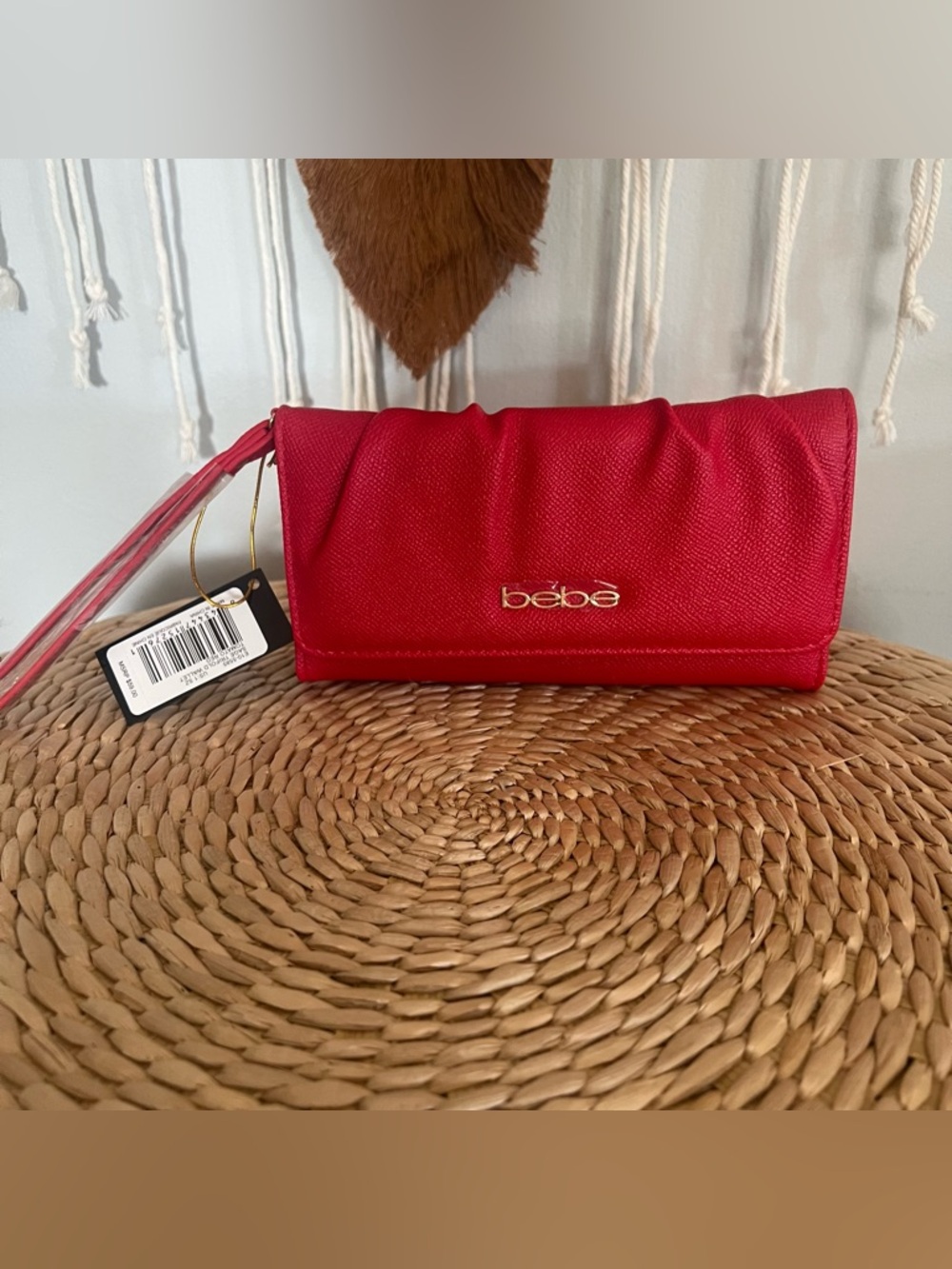 bebe Red Wristlet Clutch with Gold Logo